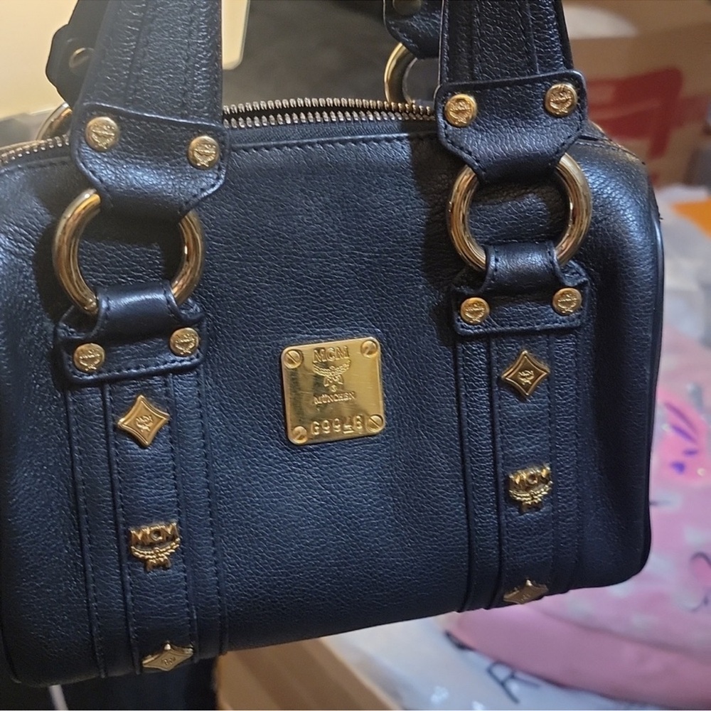 MCM Saffiano Leather  Studded Mini Boston Handbag EUC